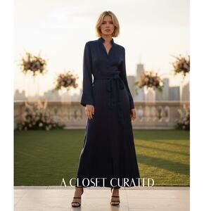 Baruni Button Front Belted Maxi Dress Small Blue NWT